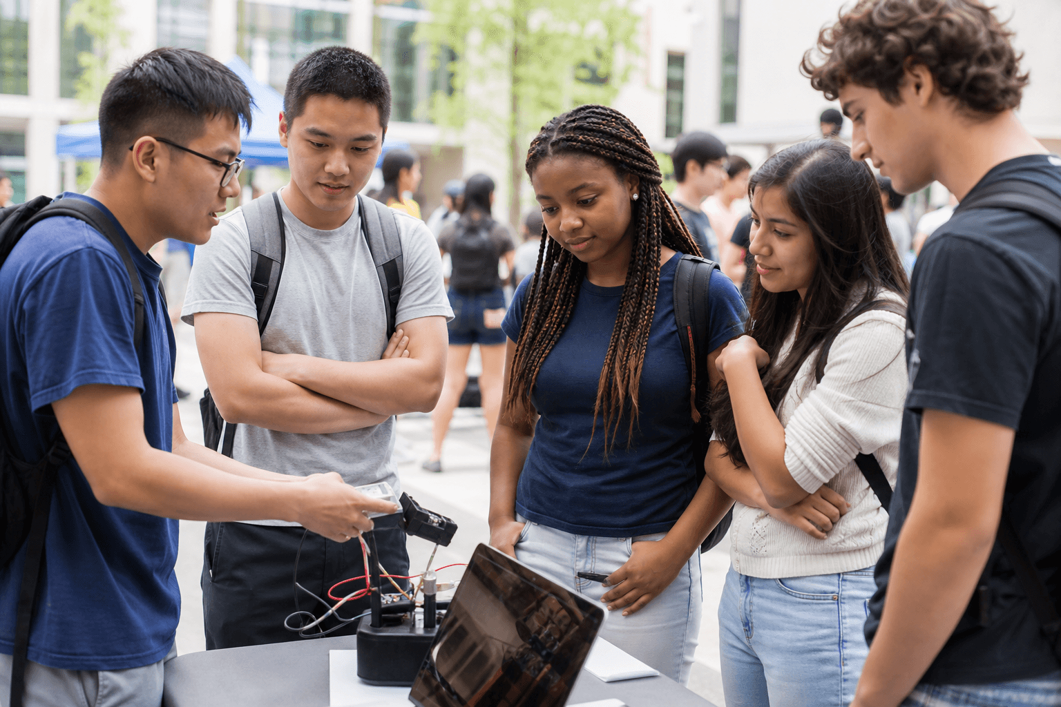 Students sharing a product experience at a campus event