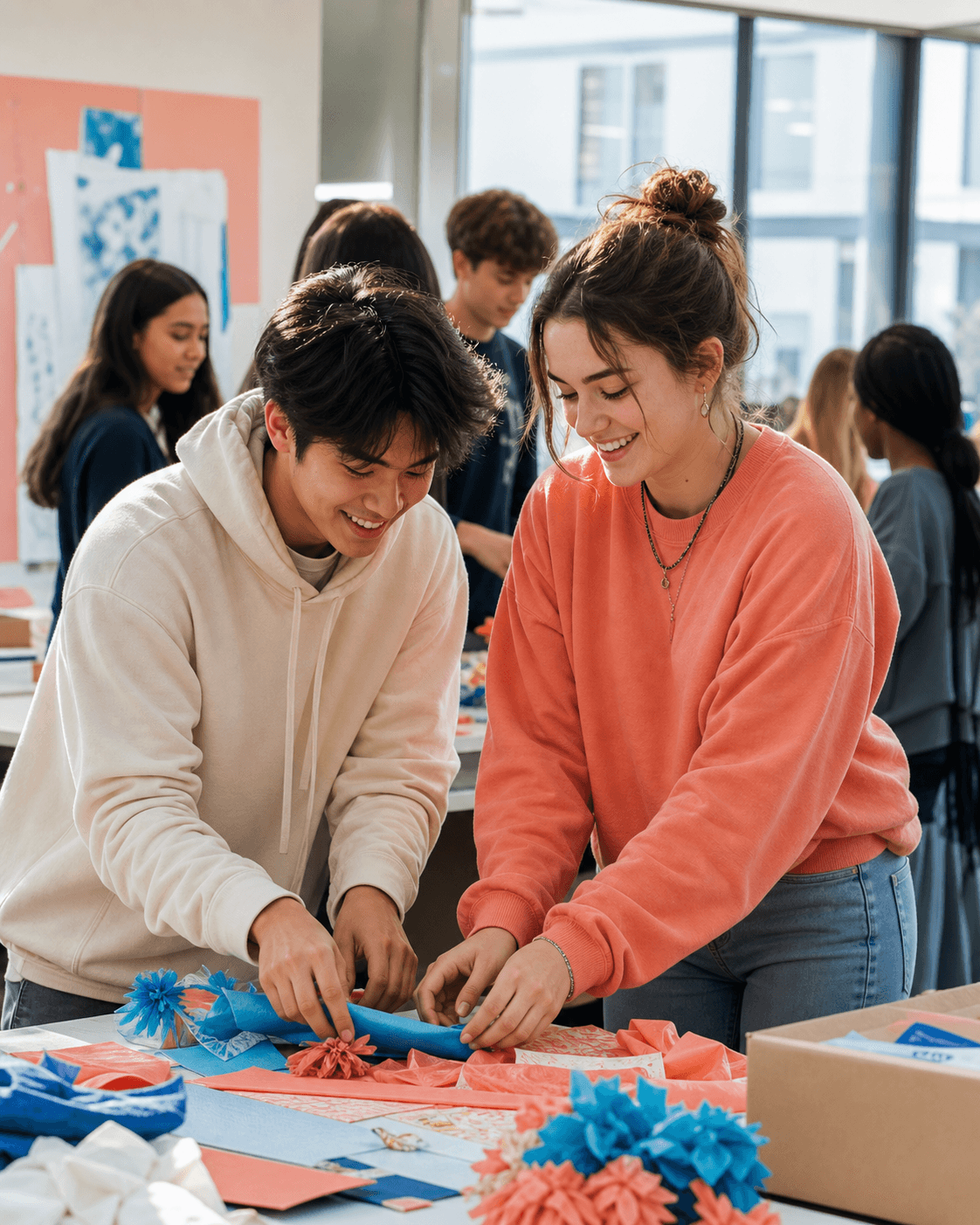 Students making colorful event decorations at a campus workshop